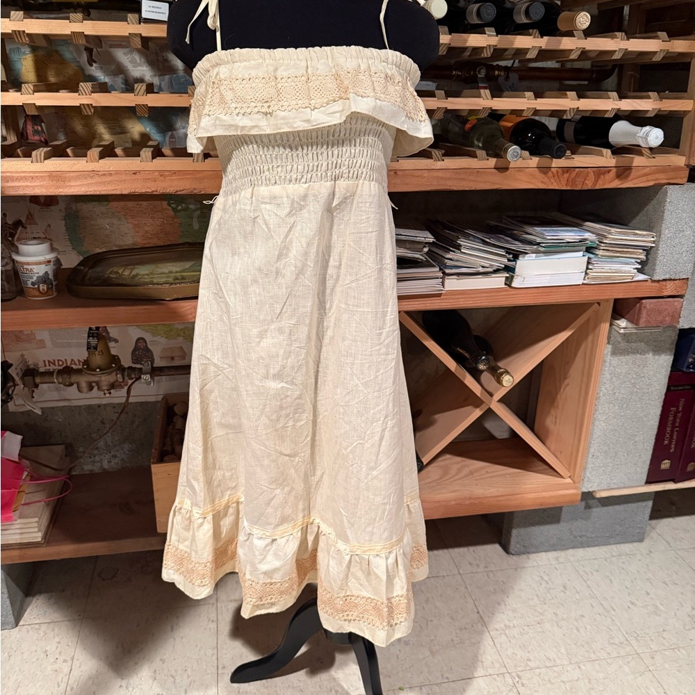 Vintage Cream Strapless Maxi‎ Dress with Ruffle Details